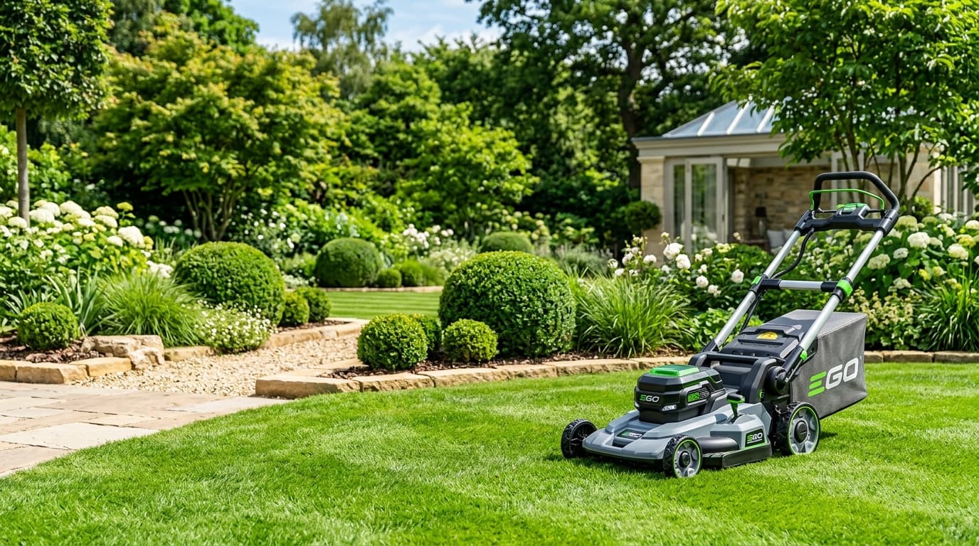 Perfekt gepflegter Garten mit modernem Akku-Rasenmäher