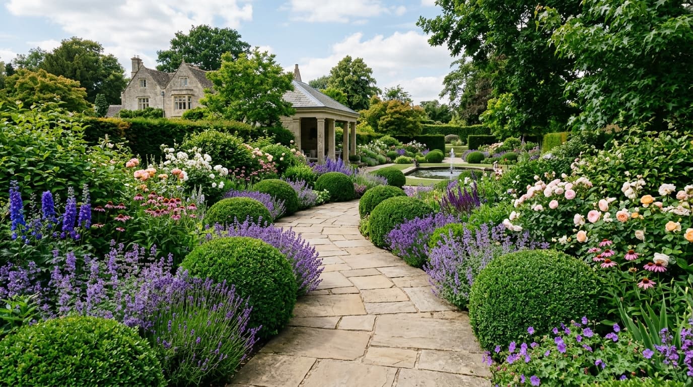 Formschnitt-Garten mit Natursteinweg